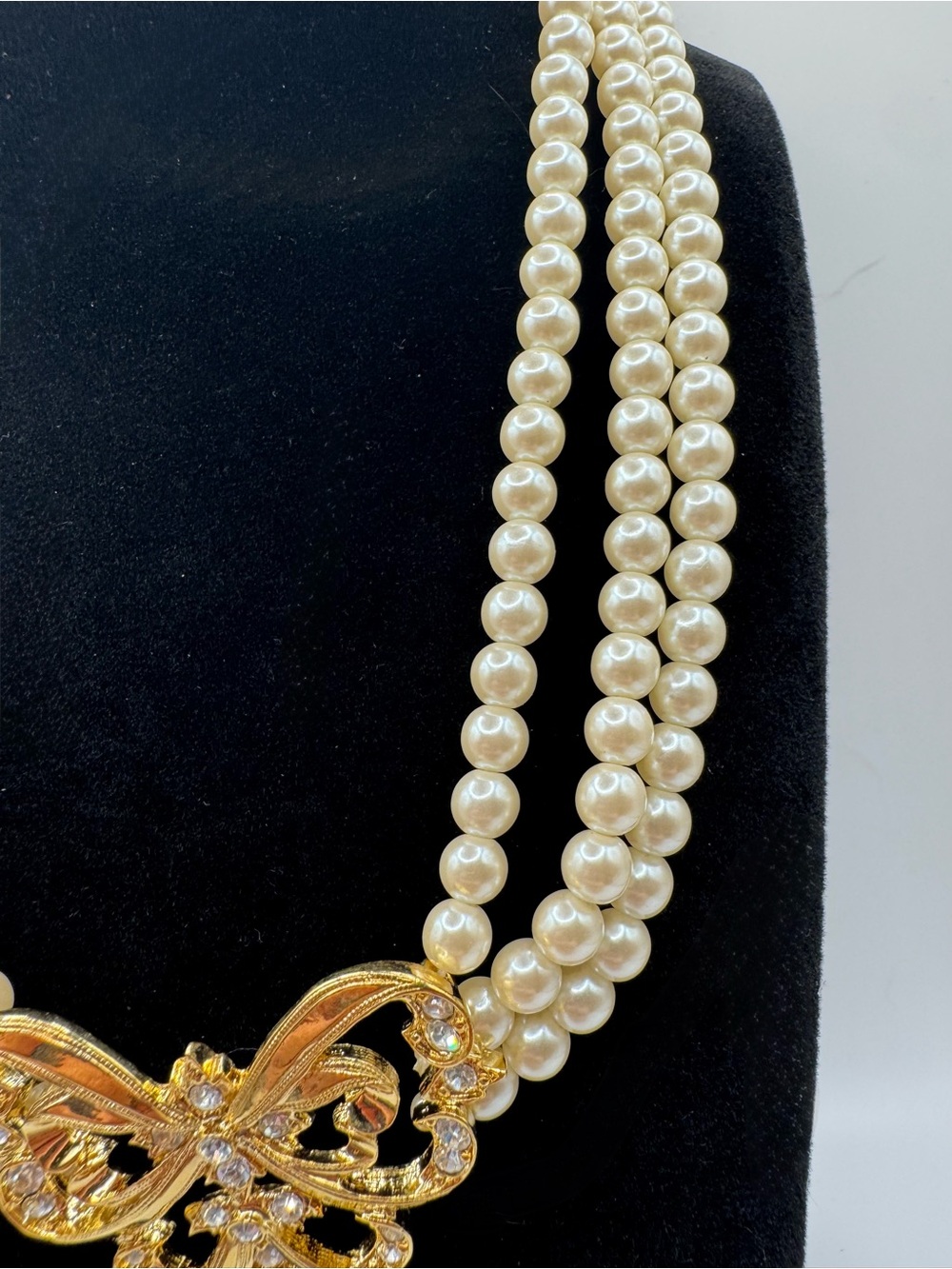 Pearl Triple-Strand Necklace with Gold Butterfly Accent - Picture 4 of 6